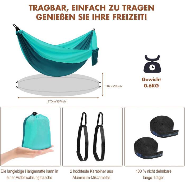 Гамак для кемпінгу на 2 особи, 270x140 см, Bragbare, 300 кг, з сумкою, для саду, балкону, відпочинку, Pfauenblau/Pfauengrün
