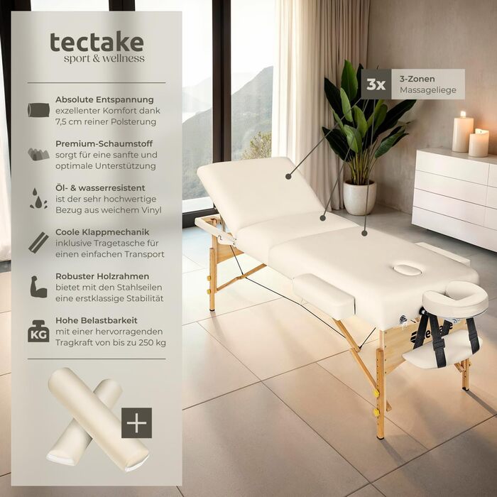 Мобільна масажна кушетка tectake® з 3 зонами, складна, з 7,5 см підкладкою, до 250 кг, з аксесуарами (сумка, ролики), бежева