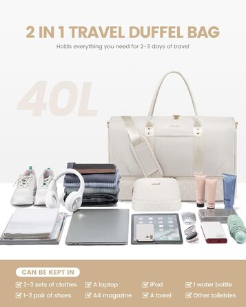 Сумка-мішок LOVEVOOK для подорожей: жіноча дорожня сумка-мішок з відділенням для взуття та мокрих речей, 2 шт. у наборі, 40 л, бежевий колір