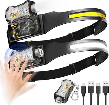 Налобний ліхтар Foleto, 2 шт., перезаряджається, 230° світловий потік, знімається, з датчиком руху, 9 режимів для кемпінгу, риболовлі, бігу та хайкінгу