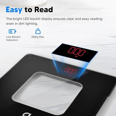 Arboleaf Ваги для людей, високоточні електронні ваги з LED-дисплеєм, технологією Step-On, загартоване скло, до 180 кг, чорні, з батарейками