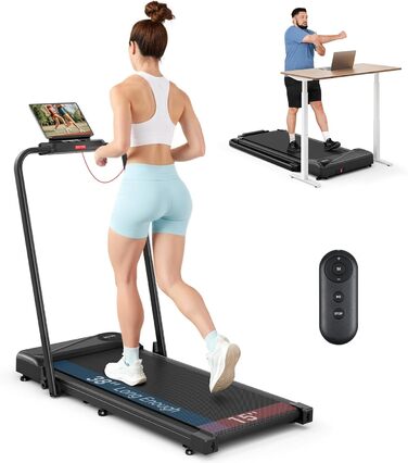Біговий тренажер THERUN для дому, складний, Walking Pad, тихий з поручнем та LED-дисплеєм, до 10 км/год, подвійне амортизаційне з'єднання, біговий стіл для дому та офісу, не потребує збирання, чорний