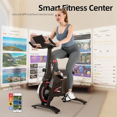 Велотренажер BluEarth з живленням від педалей, LED-підсвічуванням та Smart App, до 150 кг, магнітний опір, велоергометр з онлайн-тренуваннями та захоплюючим досвідом, класичний чорний колір