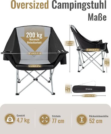 Подвійний кемпінговий стілець KingCamp XL розкладний до 300 кг з підстаканниками та сумкою для перенесення, чорно-сірий