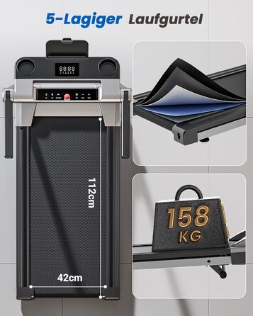 Складне бігове доріжки для дому Klappbar 16 km/h, Walking Pad Foldable з нахилом 6%, бігове доріжки 158 KG велика площа бігу 112 * 42cm, бігове доріжки тихе для дому та офісу (Срібно-Чорний)