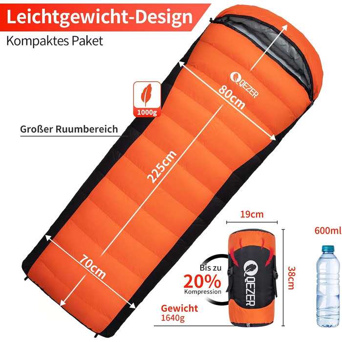 Сплячий мішок пуховий зимовий, 600FP+ Premium, 12°C -24°C, 3-4 сезони, для кемпінгу, трекінгу, походів, оранжевий