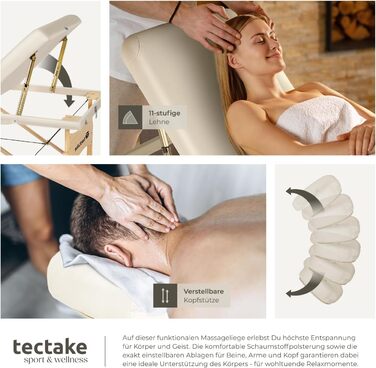 Мобільна масажна кушетка tectake® з 3 зонами, складна, з 7,5 см підкладкою, до 250 кг, з аксесуарами (сумка, ролики), бежева