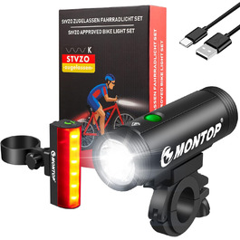 Комплект велосипедних LED ліхтарів StVZO з USB акумулятором, передня та задня фара, велосипедне світло для дітей і дорослих, водонепроникне, сертифіковане