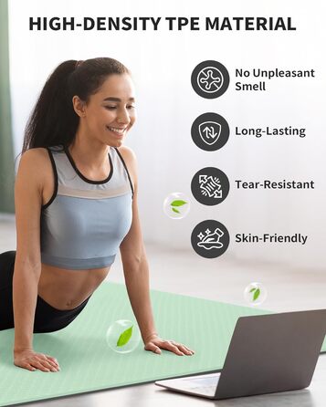 Килимок для йоги CAMBIVO XXL 183x122 см, товщина 6/8/10/12 мм, неслизький, TPE, для фітнесу, пілатесу, гімнастики, з рушником (183*122*0.6 см, м'ятний)