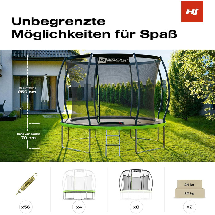 Трамплін Hop-Sport Outdoor - діаметр 244/305/366/427/488 см. З безпечним внутрішнім сіткою, вигнутими стійками та сертифікатами безпеки. Комплект з драбиною та захисним бордюром (305 см)