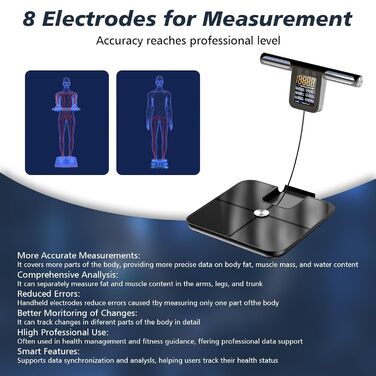 Вага для вимірювання жиру в тілі з датчиками, аналізатор складу тіла з великою ручкою-дисплеєм, вага з 8 високоточними сенсорами та APP, персональна вага з аналізом жиру для 32 показників (Чорний)
