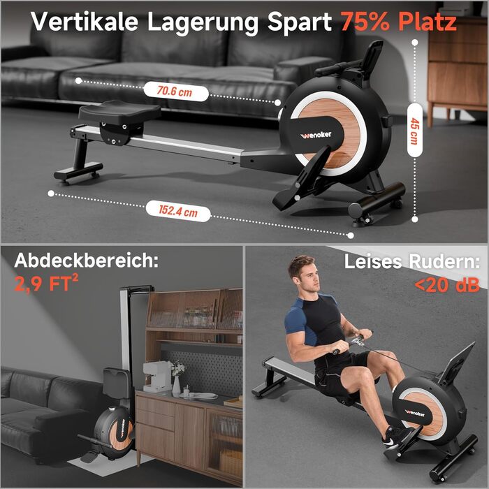 Гребний тренажер Wenoker з магнітним опором, для дому, 32 рівні навантаження, LCD-монітор, 160 кг, з мобільною APP