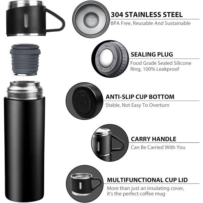 Термос-пляшка з нержавіючої сталі 500 мл з чашкою та ручкою, ізотермічна, без BPA, для кави та чаю, для дітей та дорослих (чорна)