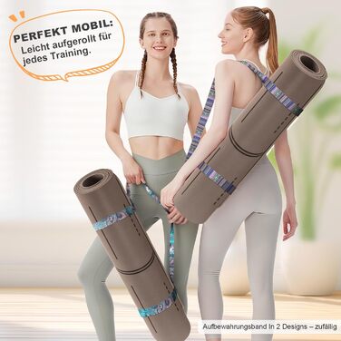 Килимок для йоги та пілатеса з еко-каучуку та TPE, протиковзкий, з лініями розмітки та ременем для перенесення, коричневий, 4мм