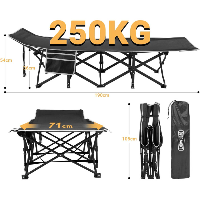 Розкладне туристичне ліжко Overmont - кемпінгове ліжко 190x71x36 см, до 250 кг, Oxford 2400D з кишенею, сумка для перенесення. Чорний колір.