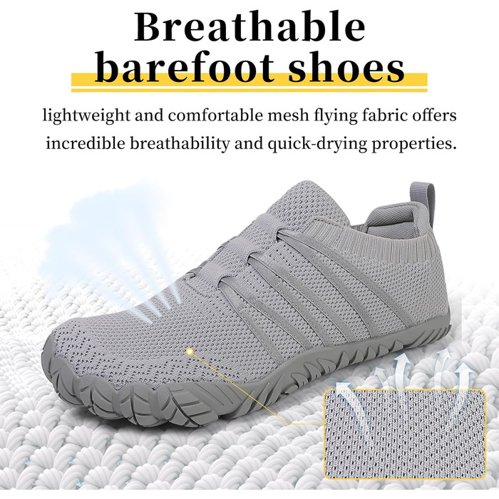Босими кросівки для жінок та чоловіків: широкі, легкі, дихаючі, з нульовим перепадом, для трейлу та бігу по асфальту. Unisex, розміри 36-46 EU (39 EU, сірий)