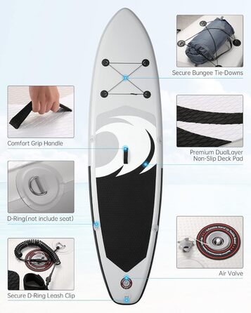 Надувне SUP дошка BODIOO для веслування, йоги, риболовлі. Комплект з аксесуарами: насос, весло, лінія, рюкзак. Підходить для дорослих, молоді та дітей. Білий колір.