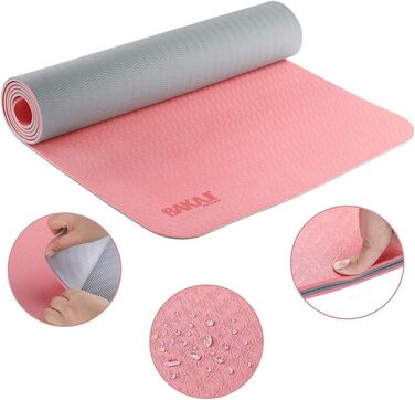 Йога мат BAJAJI: двошарова, неслизька, для фітнесу, тренувань, фітнес-клубу, 180x61 см з сумкою (рожевий/сірий)