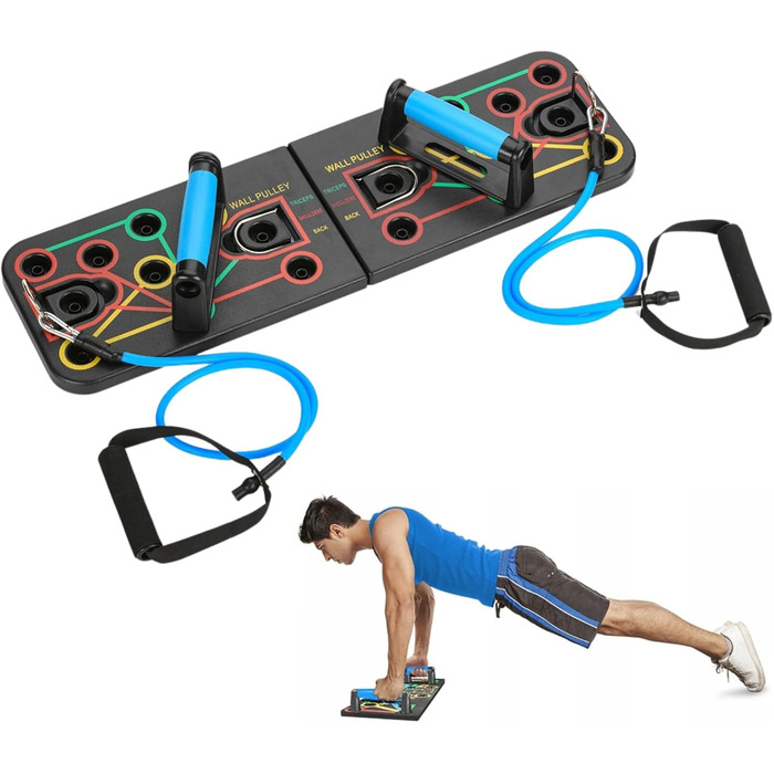 Gymtek Складане дошка для віджимань - дошка для віджимань з ручками для віджимань для тренування всього тіла & Ефективні віджимання - багатофункціональна дошка для віджимань - фітнес-обладнання для дому з еспандером