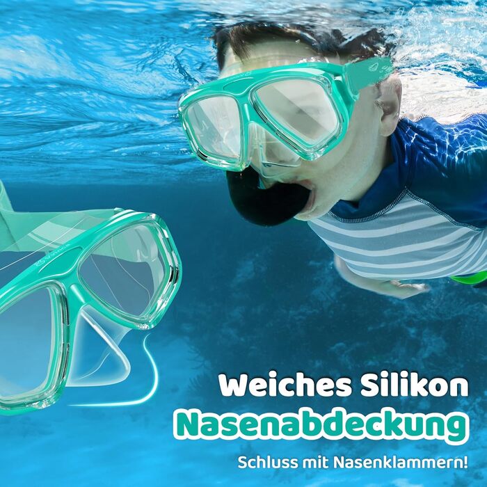 Дитячі окуляри для плавання Vvinca з захистом носа та м'яким ремінцем, міцні, антизапітніючі та водонепроникні, для дітей 3-14 років, колір: темно-зелений