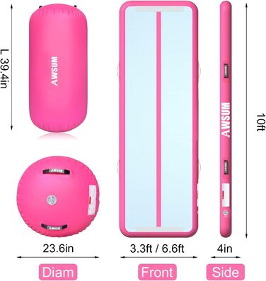 Надувний килимок для гімнастики AWSUM Air Roll 10ft (3м) x 3.3ft (1м) x 10см + Надувна роликова платформа 40x23.6см, рожевий