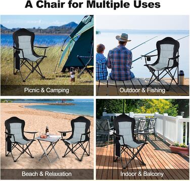 Складний туристичний стілець WOLTU: легкий, для відпочинку на природі, риболовлі, з кишенею для напоїв та боковою кишенею, до 150 кг, для кемпінгу, пляжу, саду, тераси (чорний + світло-сірий)