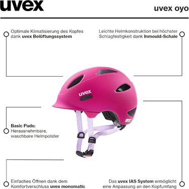Дитячий велосипедний шолом Uvex Oyo, розмір 50-54 см, легкий, регульований, з можливістю встановлення LED-ліхтаря, колір ягідний/ліловий матовий