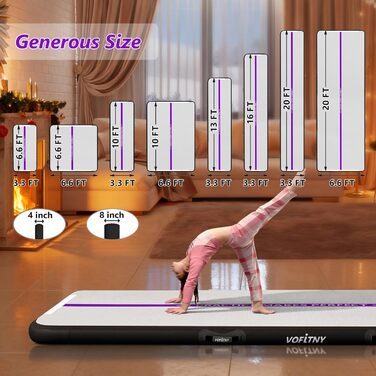 Гімнастичний надувний мат VOFiTNY товщиною 10/20 см для дому, парку та води. Розміри: 3/4/5/6 м. Підходить для йоги, акробатики та тренувань. Кольори: фіолетовий/чорний