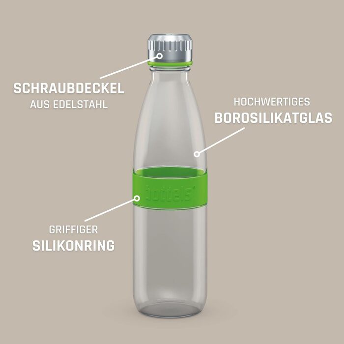 Скляна пляшка для води boddels DREE 650 мл, боросилікатне скло, з неопреновим чохлом, герметична, з гвинтовою кришкою, без BPA, для спорту, школи, універсальна, яблучно-зелена