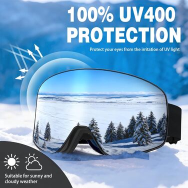 Гірськолижні маски VCOROS з змінним склом, унісекс, захист від UV, антитуманне покриття, регульований ремінь, сноуборд маска 02-Срібло/Білий + лінза (VLT13 %) (01-Срібло/Чорний + лінза (VLT13 %))