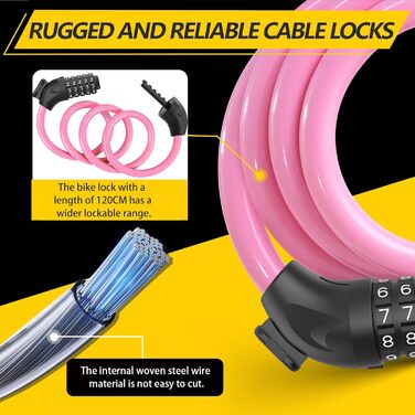 Замки для велосипеда з кодом 12 мм/120 см, кабельний замок від крадіжок з 5-значним кодом, вологостійкий замок-кабель для велосипеда, електровелосипеда, дитячої коляски, драбини (Чорний) (Рожевий)