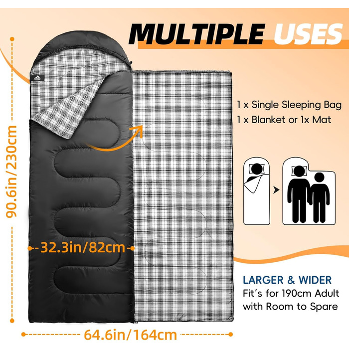 Сплячі мішки MEREZA XL для чоловіків та жінок. Великий, широкий спальний мішок для кемпінгу. Теплі спальні мішки для дорослих великих розмірів з компресійним мішком. Підходять для холодної погоди (пильно-блакитний)