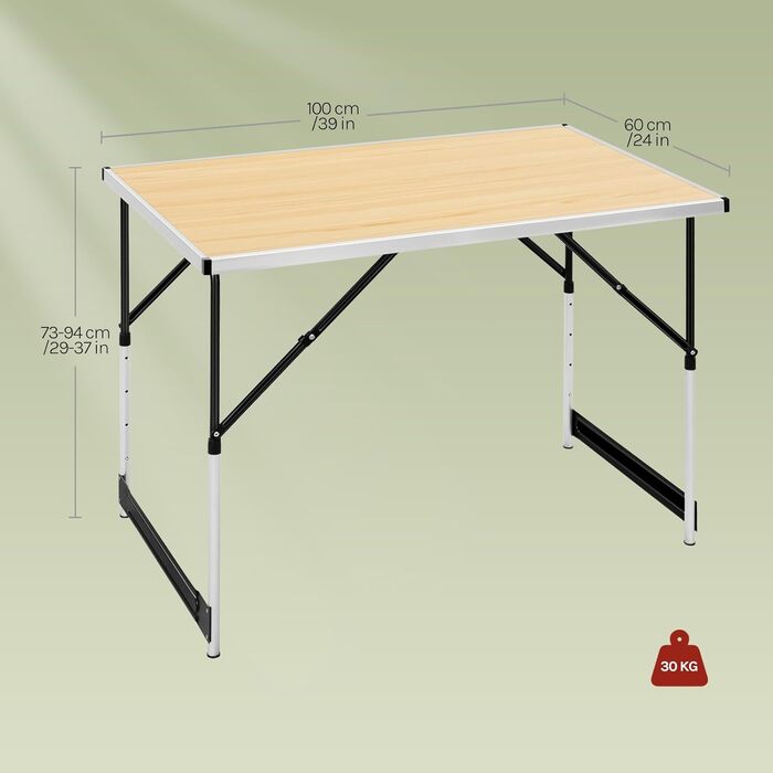 Стіл для кемпінгу, розкладний садовий, робочий, балконний від WOLTU® - регульована висота, алюміній, сталь, МДФ (світлий дуб)