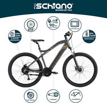 Електровелосипед F.lli Schiano Braver 27.5'' MTB, 36В 11.6Аг, 250Вт, знімний акумулятор, для чоловіків та жінок, сірий