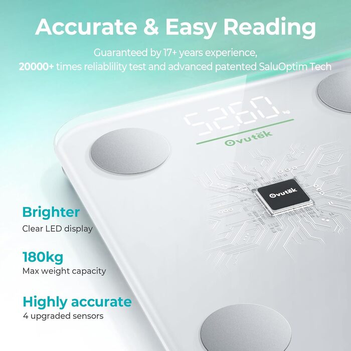 Ваги Ovutek для тіла з аналізом складу: жир, м'язи, вода, BMI. Максимальне навантаження 180 кг, великий дисплей, фітнес-додаток. Білий колір