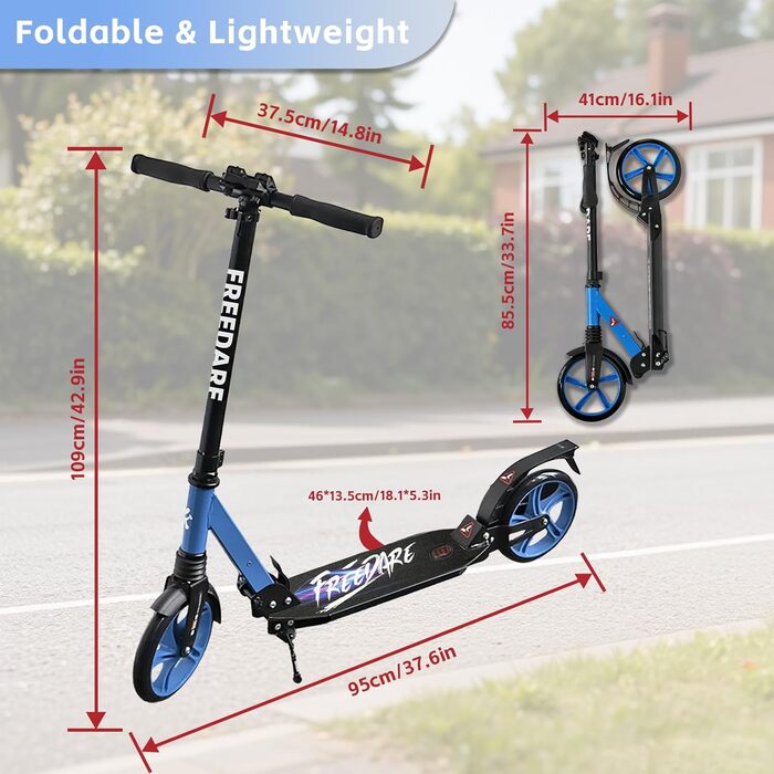FREEDARE Cityroller: Скутер складний для дітей та дорослих, блакитний, 200 мм колеса, регульована висота, до 100 кг