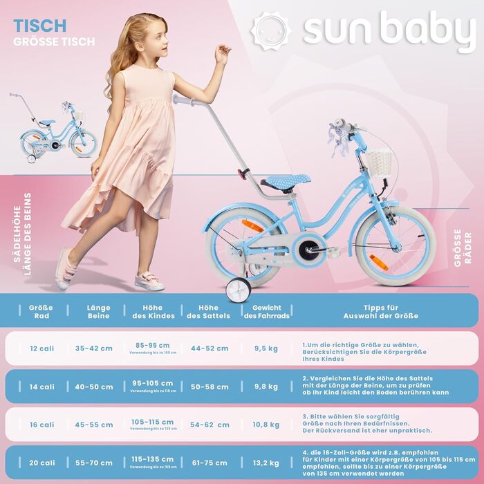 Дівчача дитяча велосипед Sun Baby 12/14/16 дюймів, знімний ручка-штовхач, для дітей 2-6 років (Silver Moon - Блакитний, 16 дюймів)