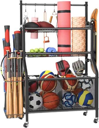 Стенд для зберігання тренувального обладнання: килимки для йоги, гантелі, штанги. З колесами та гаками. Чорний.