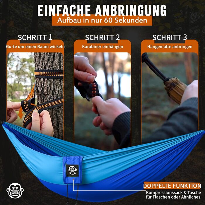 Гамак туристичний Monkey Swing ультралегкий з карабіном та стропами (до 300 кг) – 275 x 140 см, для кемпінгу, трекінгу та подорожей (зелений/хакі, блакитний)