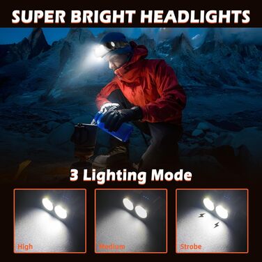 LED налобний ліхтар 2 шт. 2000 люменів, 3 режими, водонепроникний, для риболовлі, бігу, кемпінгу (чорний)