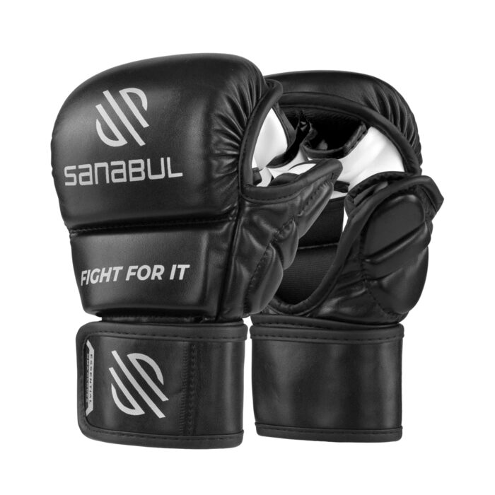 Рукавички для MMA Sanabul Essential 7oz | Тренувальні гібридні рукавички для спарингу (Чорно-срібні, S/M)