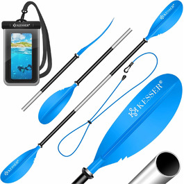 Весло KESSER® Paddle з подвійним лезом - 4 частини для каяка, SUP, стінд-ап паділбордингу, 228 см, алюміній. Включає страхувальну мотузку, чохол для телефону, дошка для серфінгу.