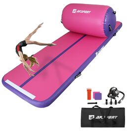 Airtrack AKSPORT з роликом для гімнастики: надувна килимок для дому, йоги, чеерлідингу, акробатики, ролінгів, 3м, рожевий