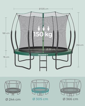 Трамплін SONGMICS Federloses Ø 244/305/366 см, Outdoor для дітей, з сіткою, склопластикові стійки, безпечний, тихий, зелений