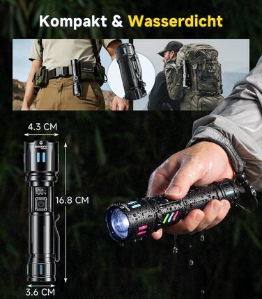 LED ліхтар Esgofo перезарядна, 1000000 люменів, дальність 1000 м, регульований фокус, 15 годин роботи, USB-C, для кемпінгу та безпеки