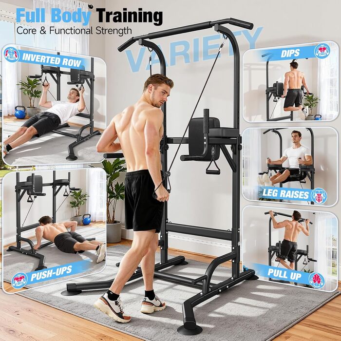 Багатофункціональна турнікова станція Dskeuzeew Power Tower для домашнього фітнесу, стійка для підтягувань та брусів, макс. навантаження 205 кг, чорна