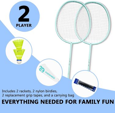 Набір для бадмінтона OGEENIER: 2 ракетки, 2 ручки, 2 волани, 1 ракетка з сумкою (зелений, 3 1/4 дюйма)