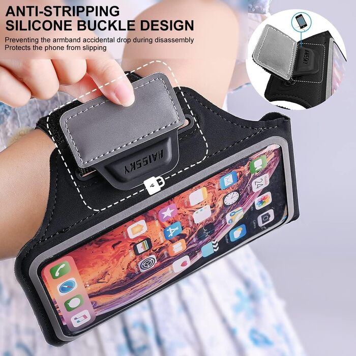 Спортивний браслет на руку для бігу з кишенькою для телефону та ключей, чорний. Сумісний з iPhone 17/16/15/14/13/12/11 Pro Max/Plus та іншими смартфонами до 6.9 дюймів