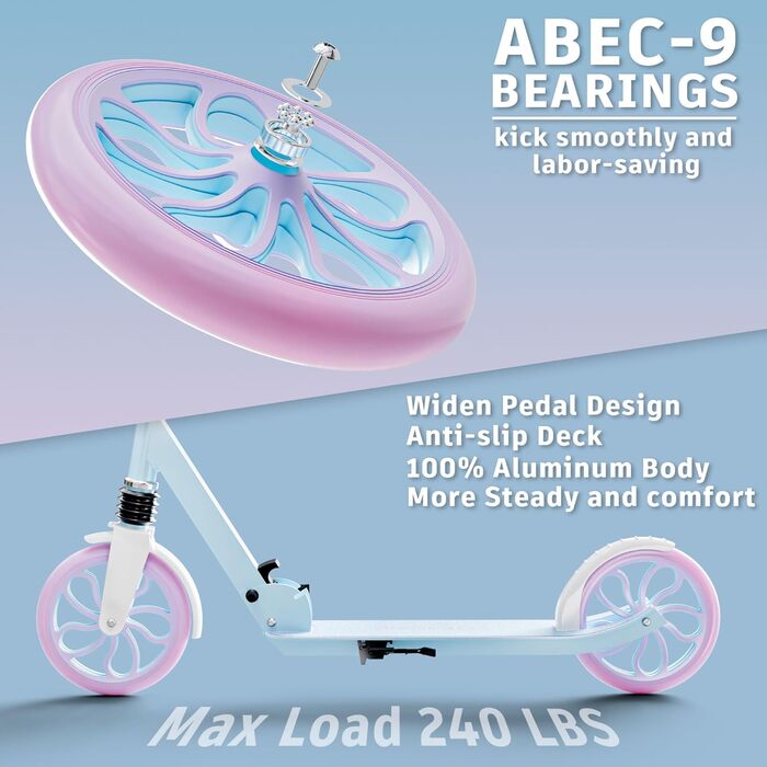 Дитячий трюковий самокат PHOEROS для дітей 6-12 років, підлітків та дорослих. Легкий міський самокат з алюмінію з великими колесами 200 мм, складний, 3-рівнева регулювання висоти, амортизація. (Blue)