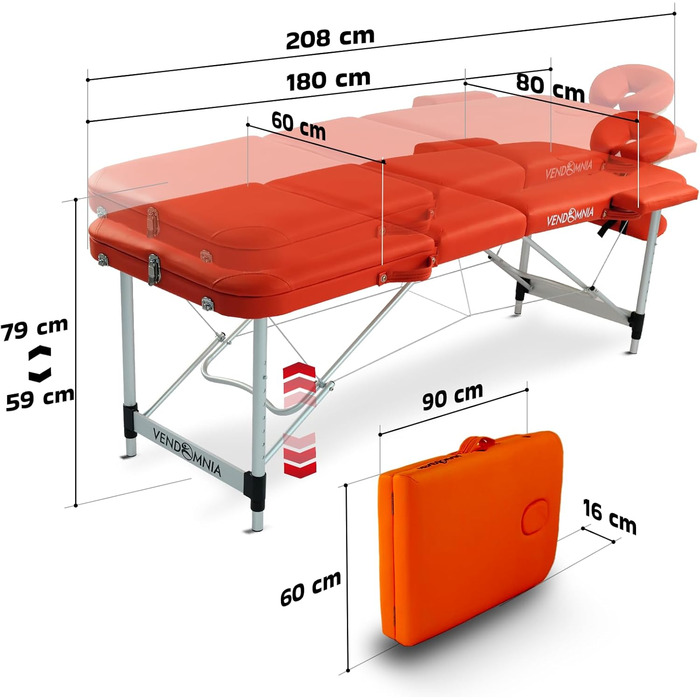 Мобільний масажний стіл Vendomnia з алюмінієвим каркасом, 3 зони, регулювання висоти, з високоякісною підголівником та сумкою, підлокітники, складний, помаранчевий колір
